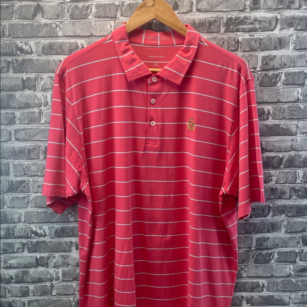 B. Draddy 
Coral and white  Striped Men's Polo‎ Shirt